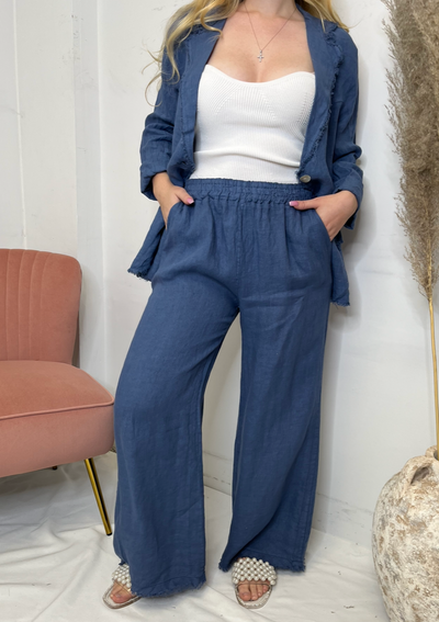 The Pink Door Linen Pants w/ Fray Trim - Denim