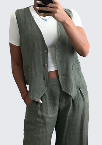 The Pink Door Loose Fit Linen Vest - Olive