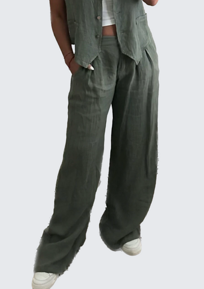 The Pink Door Loose Fit Linen Pants - Olive