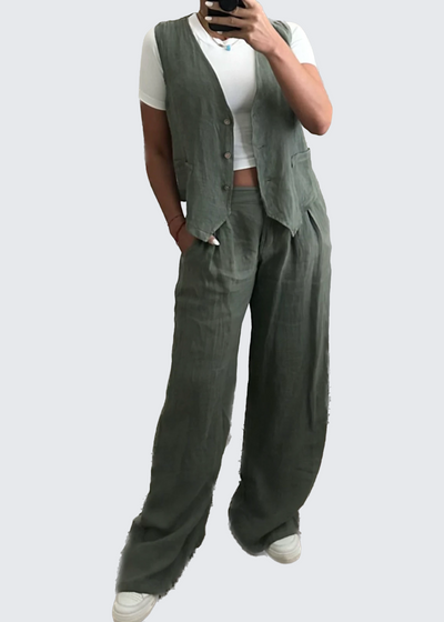 The Pink Door Loose Fit Linen Pants - Olive