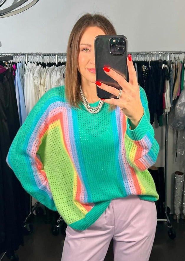 Brodie Rainbow Maya Crew Sweater - Jungle Green/Turquoise