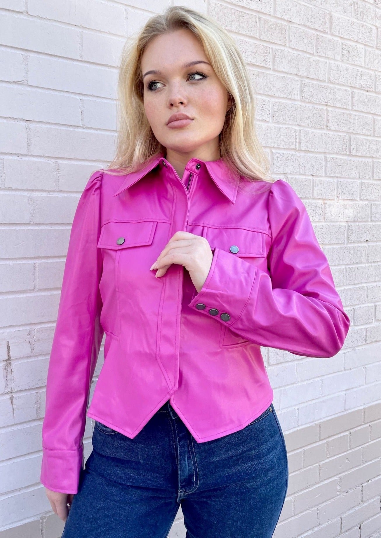 Faux Leather Jacket - Hot Pink