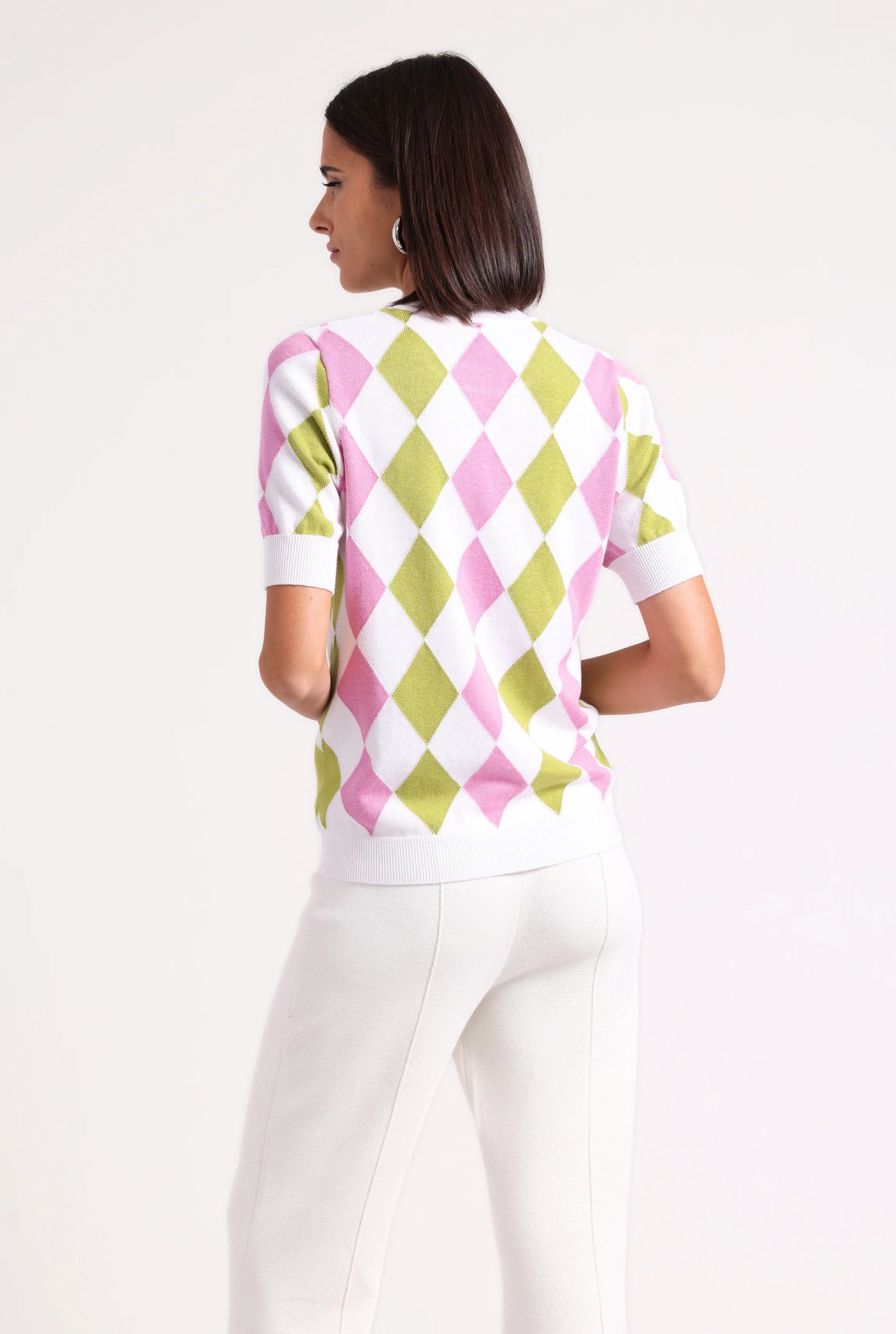 Minnie Rose Cotton Cashmere Argyle Short Sleeve Crew Raspberry/Greenapple