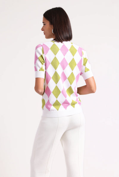 Minnie Rose Cotton Cashmere Argyle Short Sleeve Crew Raspberry/Greenapple