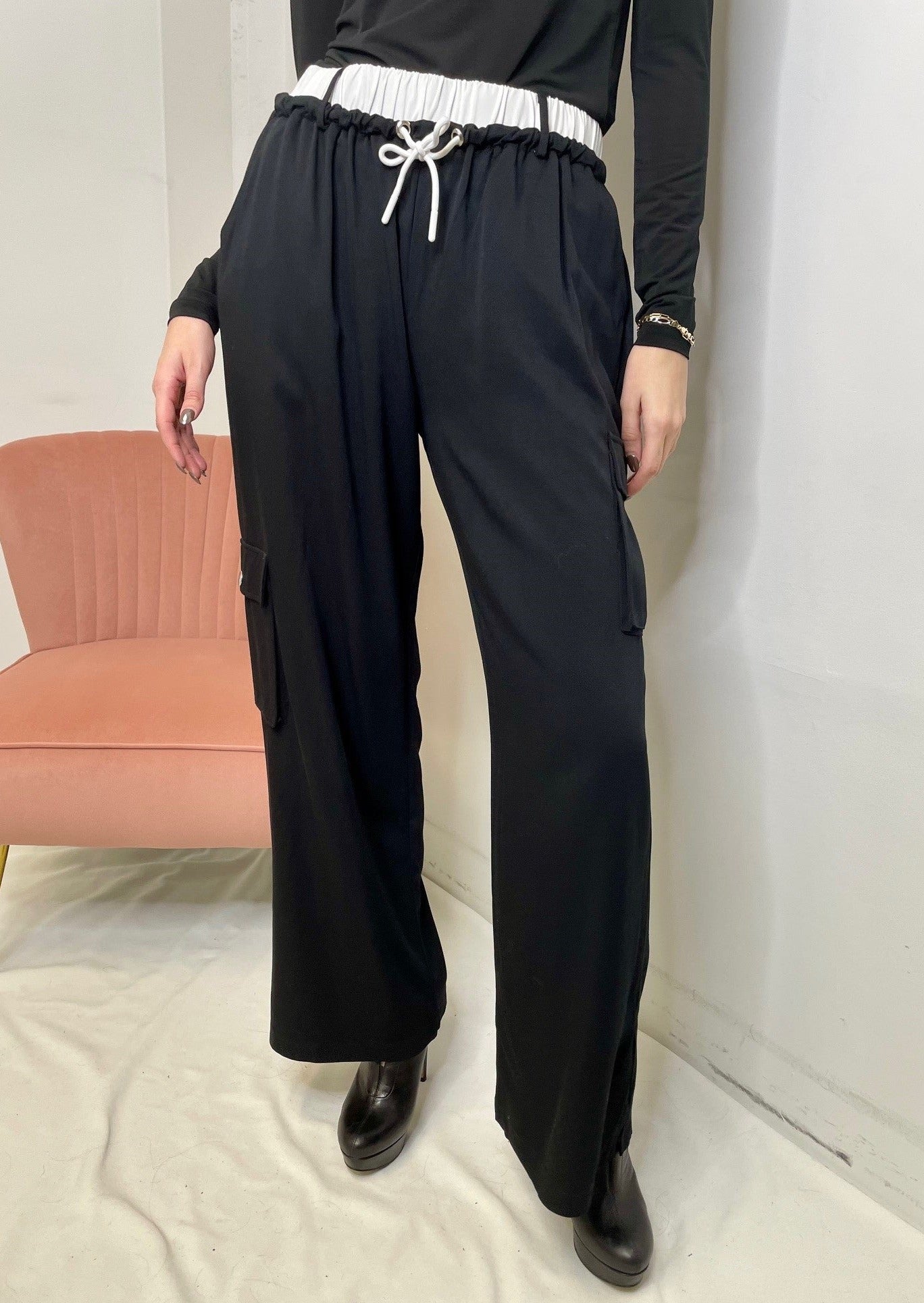 The Pink Door Black Straight Cargo Pants w/ White Band