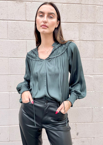 The Pink Door Ruffle Bodice Blouse - Green