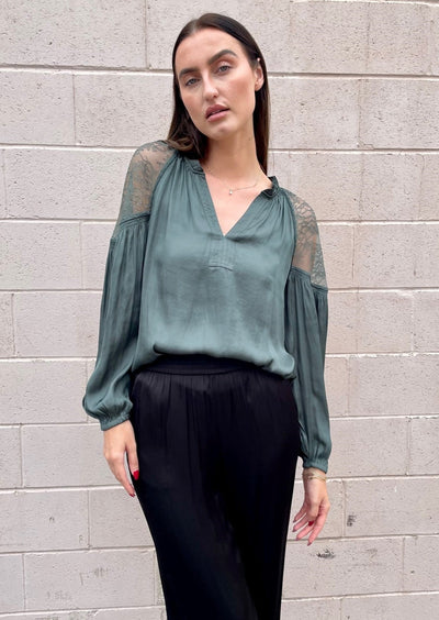 The Pink Door Lace Shoulder Blouse - Green