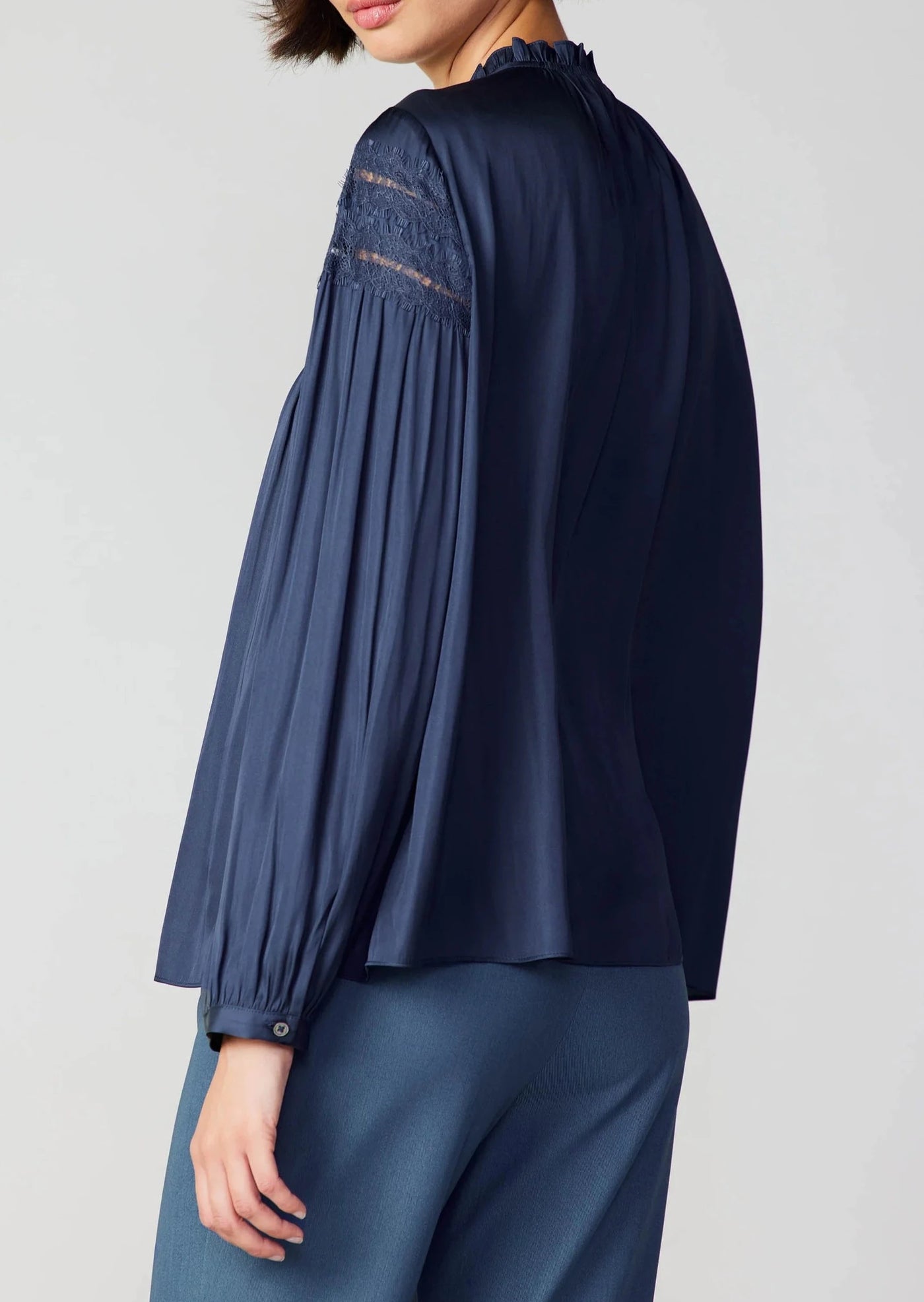 The Pink Door Band Collar Lace Insert Blouse - Slate Navy