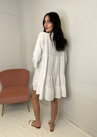 The Pink Door Ruffle Tier Linen Dress - White