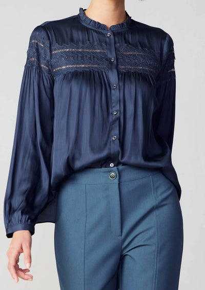 The Pink Door Band Collar Lace Insert Blouse - Slate Navy