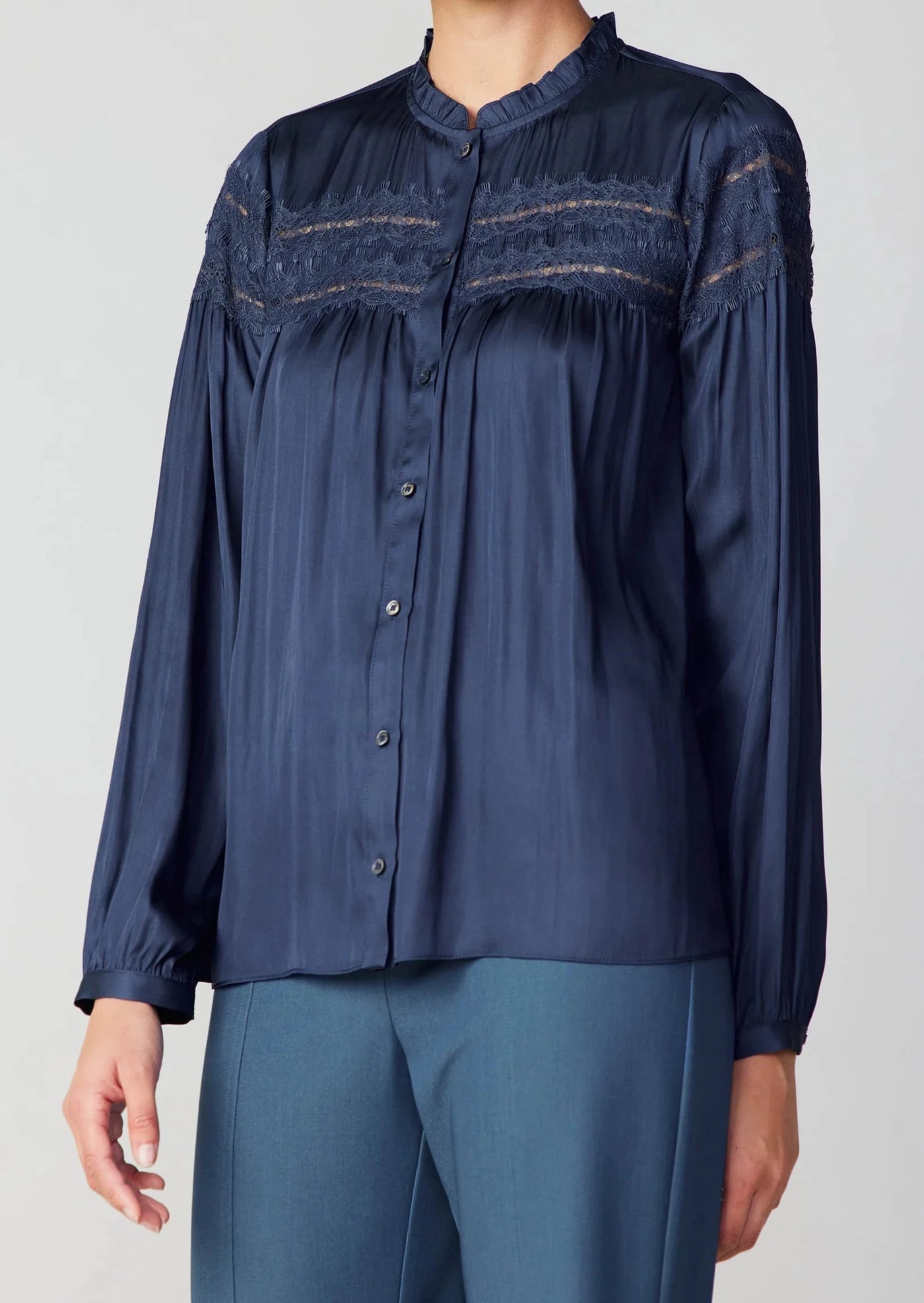 The Pink Door Band Collar Lace Insert Blouse - Slate Navy