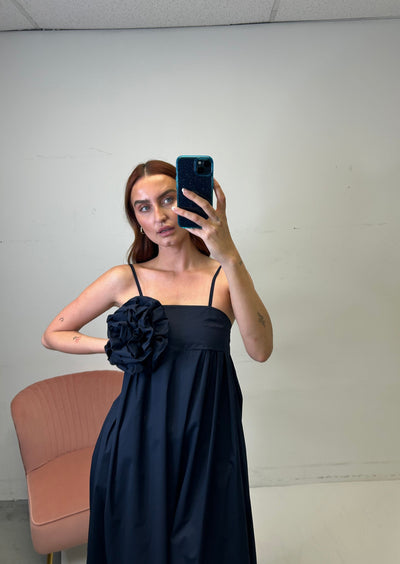 The Pink Door Cotton Maxi Rosette Dress - Navy