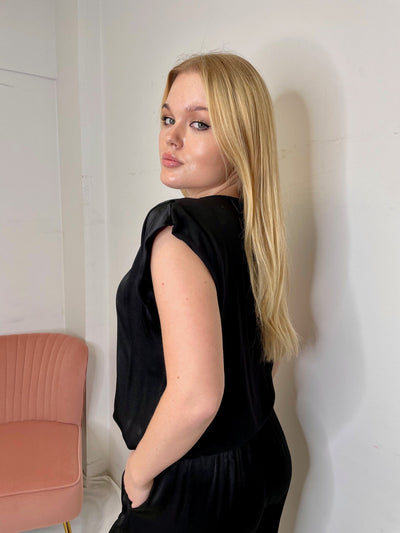 The Pink Door Satin Garterized Waist Top - Black