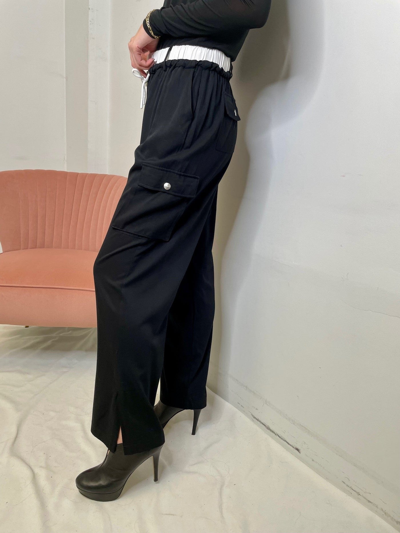The Pink Door Black Straight Cargo Pants w/ White Band