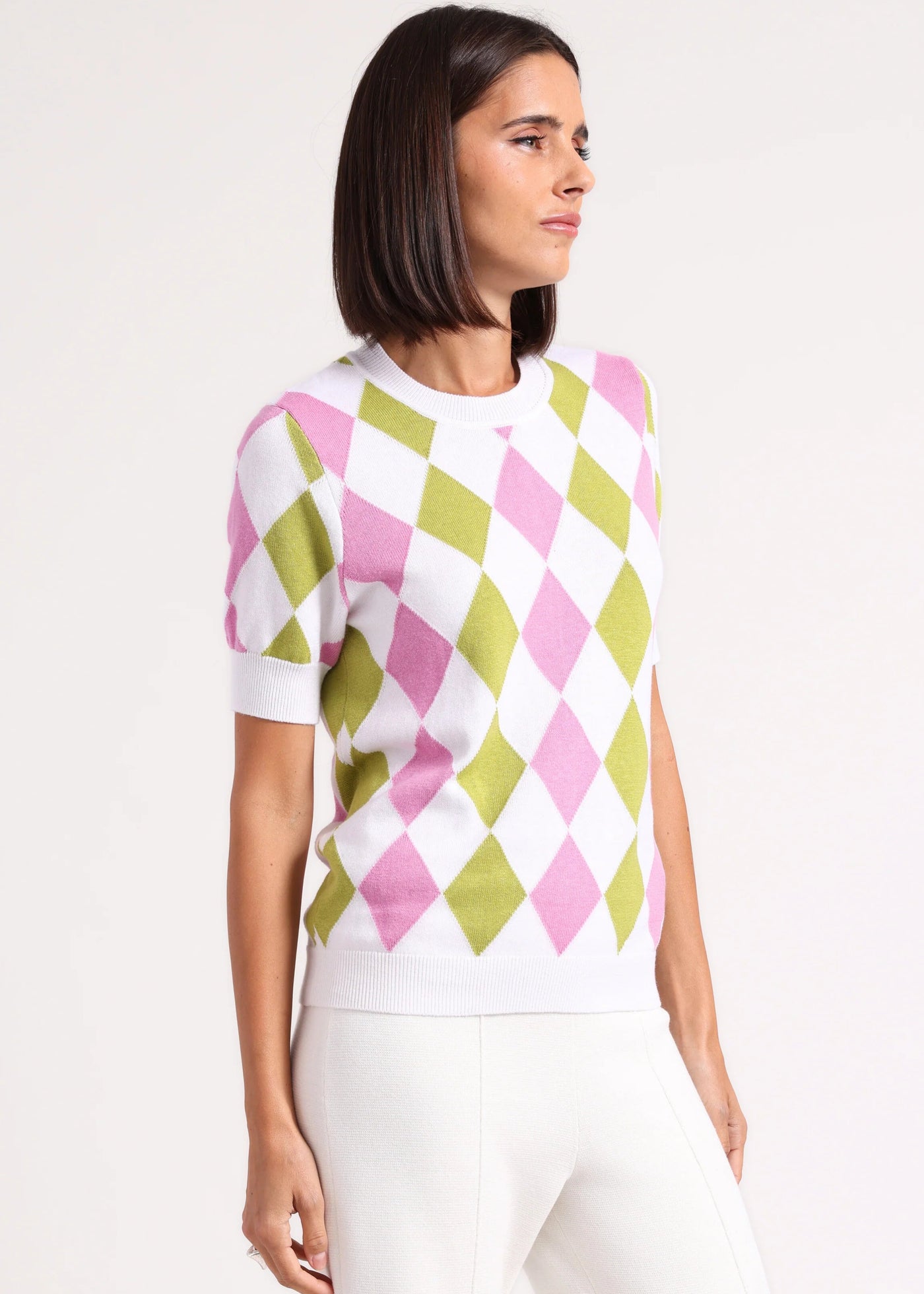 Minnie Rose Cotton Cashmere Argyle Short Sleeve Crew Raspberry/Greenapple
