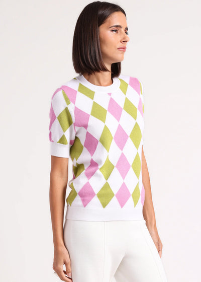 Minnie Rose Cotton Cashmere Argyle Short Sleeve Crew Raspberry/Greenapple