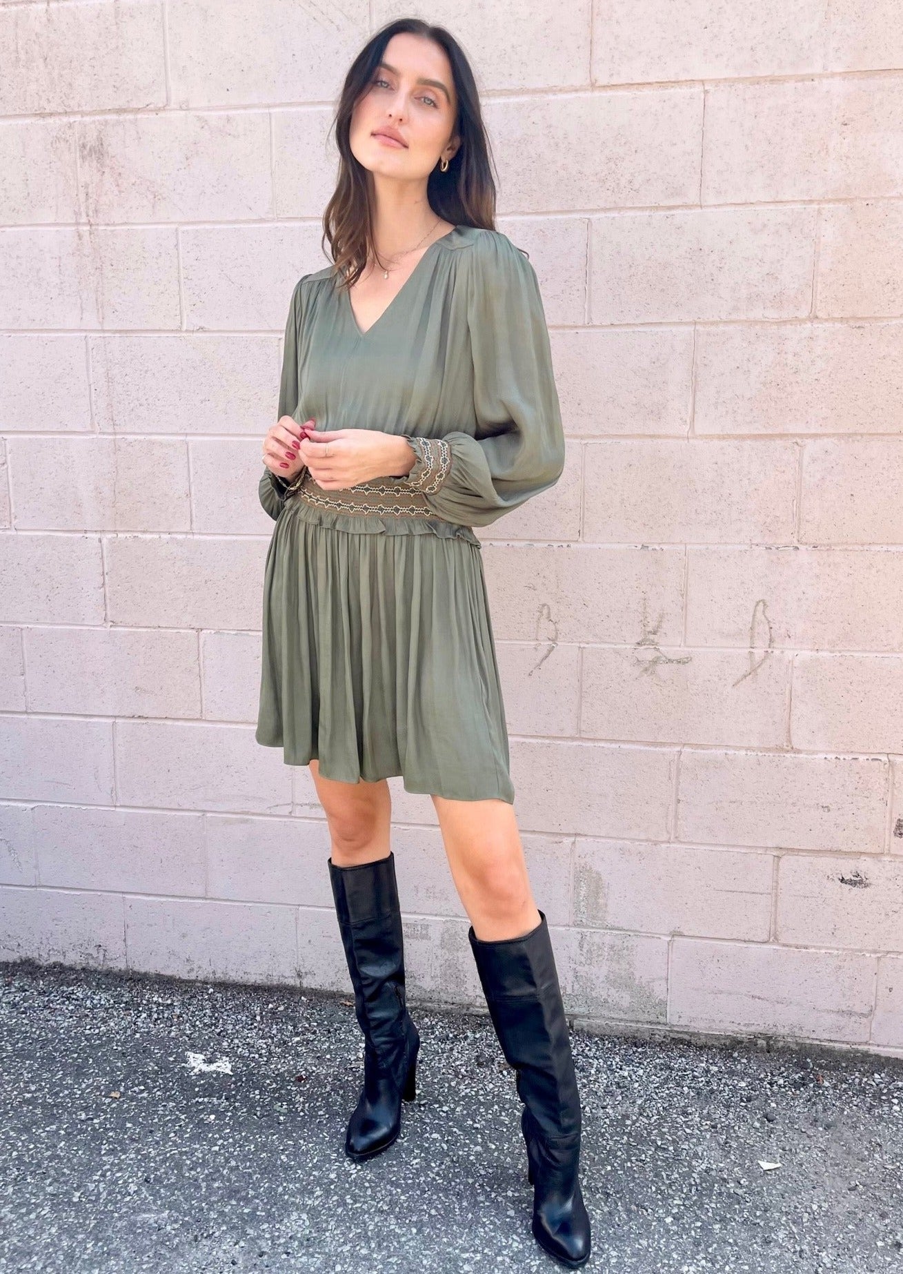 The Pink Door Smock Detail Waist Silky Dress - Khaki