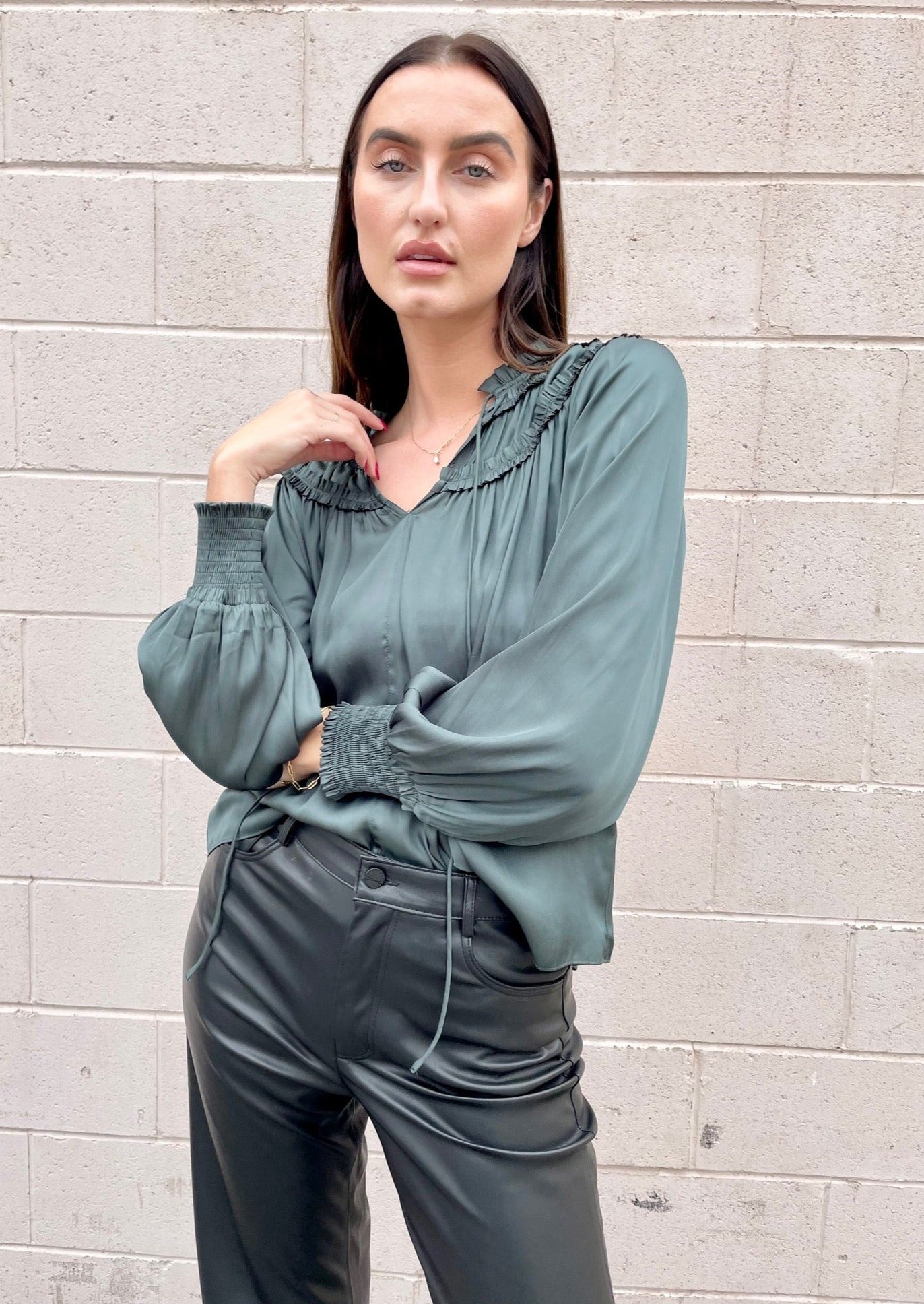 The Pink Door Ruffle Bodice Blouse - Green