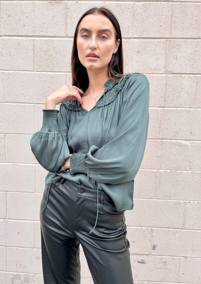 The Pink Door Ruffle Bodice Blouse - Green