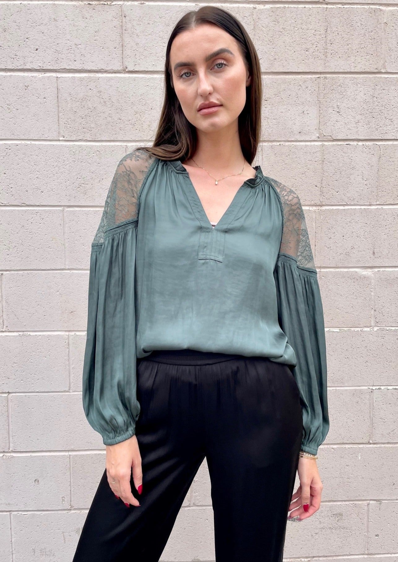 The Pink Door Lace Shoulder Blouse - Green