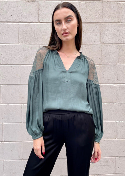 The Pink Door Lace Shoulder Blouse - Green