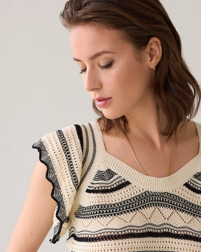 SUMMUM Ruffle Top Cotton Ajour Knit Ivory