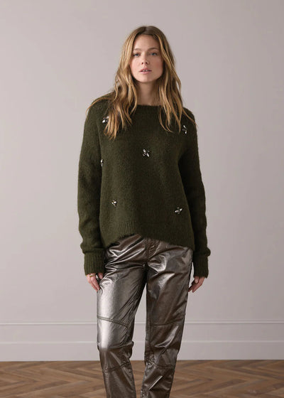 SUMMUM Embellished Sweater Cozy Melange Knit Dark Camo