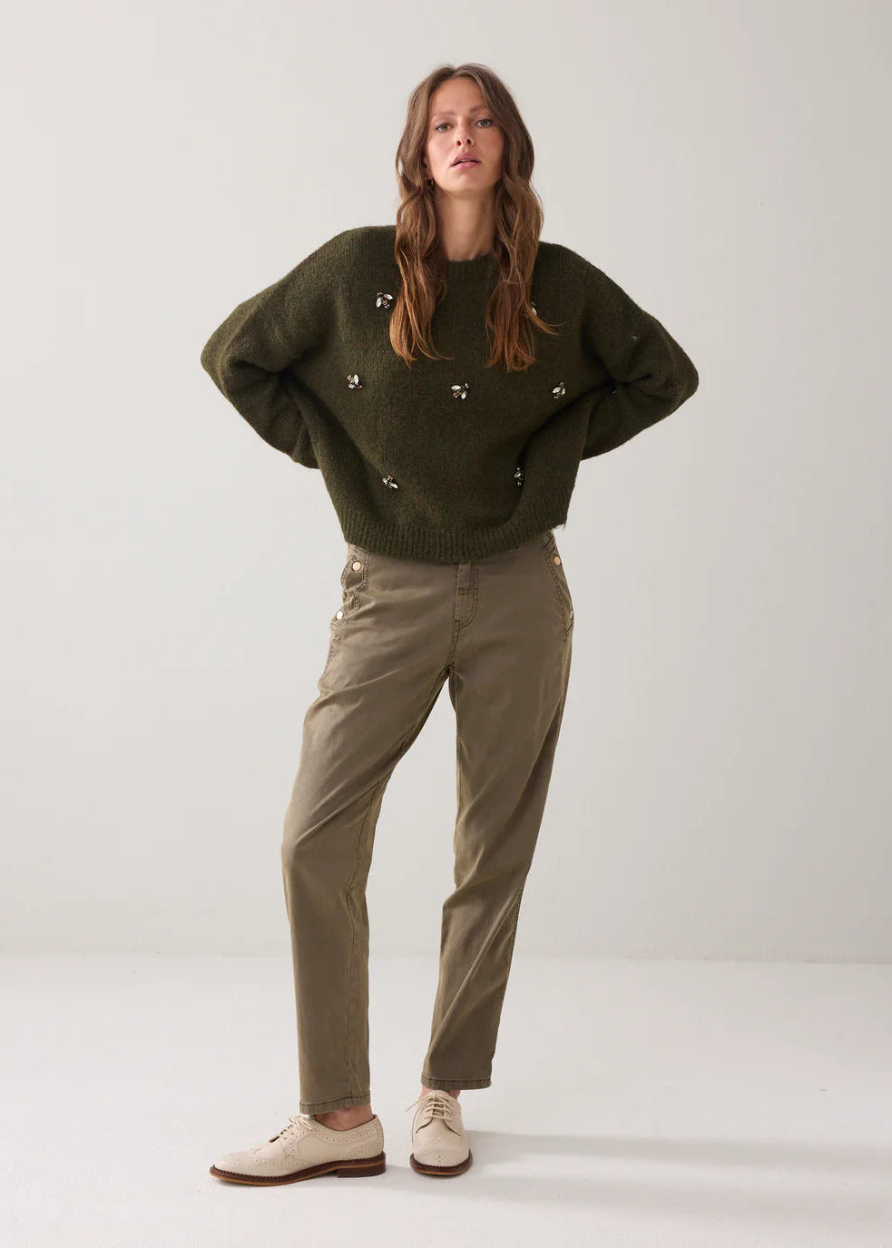 SUMMUM Embellished Sweater Cozy Melange Knit Dark Camo