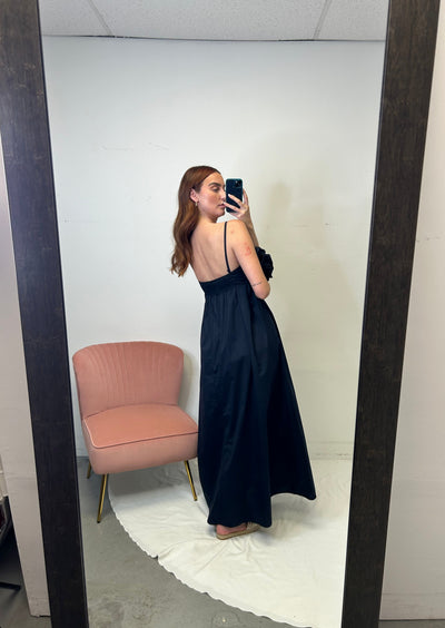 The Pink Door Cotton Maxi Rosette Dress - Navy