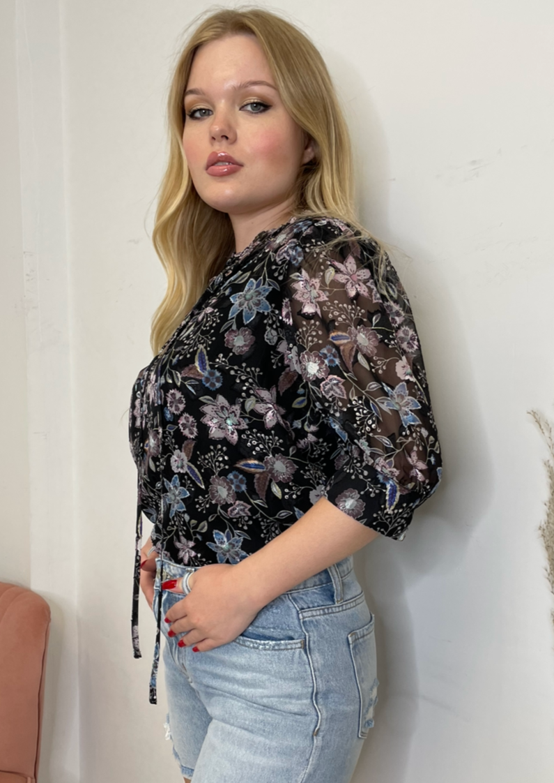The Pink Door Floral Print Blouse - Black