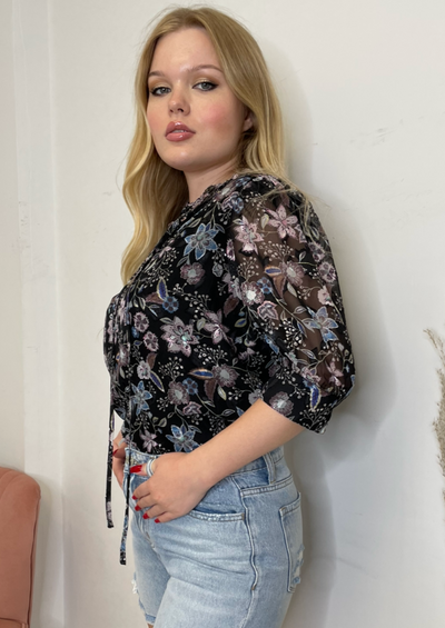 The Pink Door Floral Print Blouse - Black