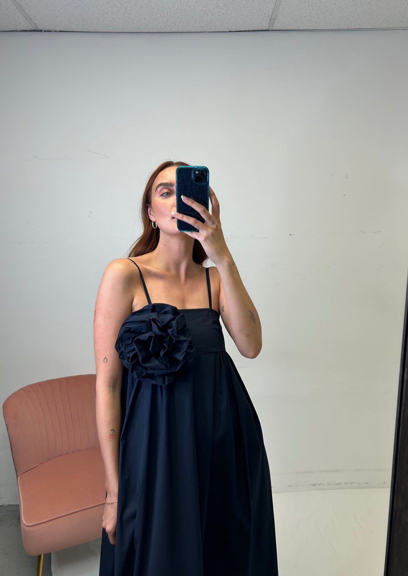 The Pink Door Cotton Maxi Rosette Dress - Navy