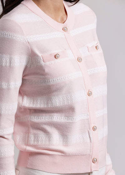Minnie Rose Button Up Lace Stripe Cardi w/ Pocket Light Pink