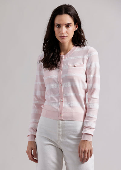Minnie Rose Button Up Lace Stripe Cardi w/ Pocket Light Pink