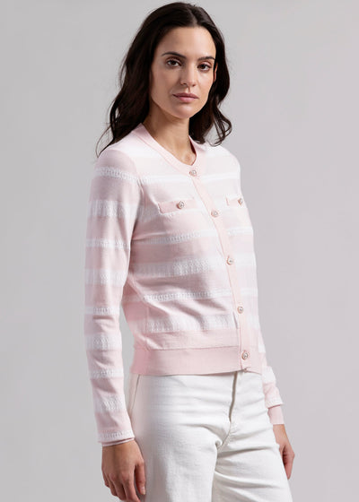 Minnie Rose Button Up Lace Stripe Cardi w/ Pocket Light Pink
