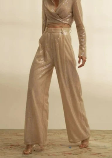 NONCHALANT Roxanne High Waisted Sequin Trousers - Blush