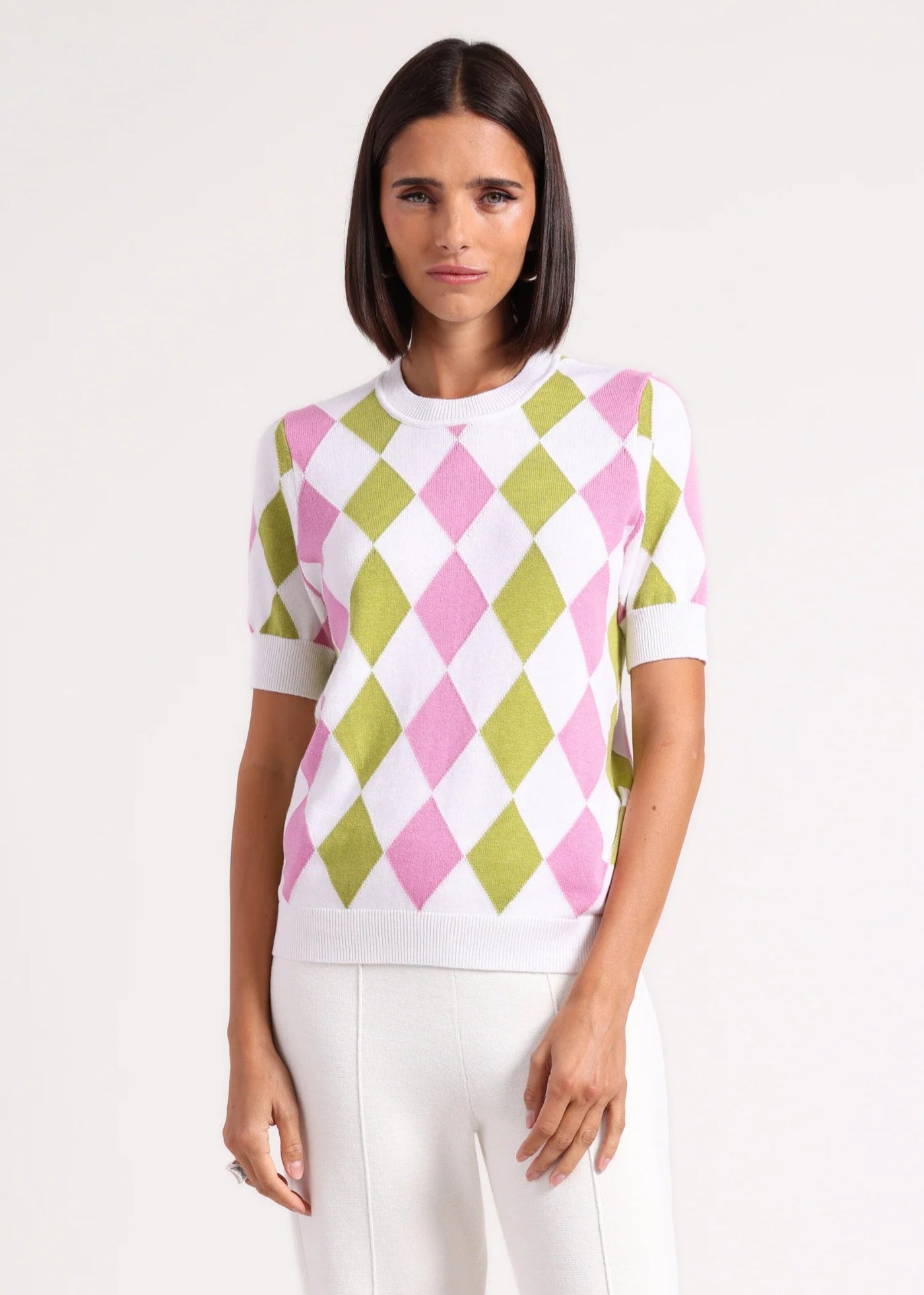 Minnie Rose Cotton Cashmere Argyle Short Sleeve Crew Raspberry/Greenapple