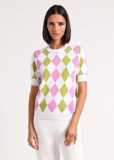 Minnie Rose Cotton Cashmere Argyle Short Sleeve Crew Raspberry/Greenapple