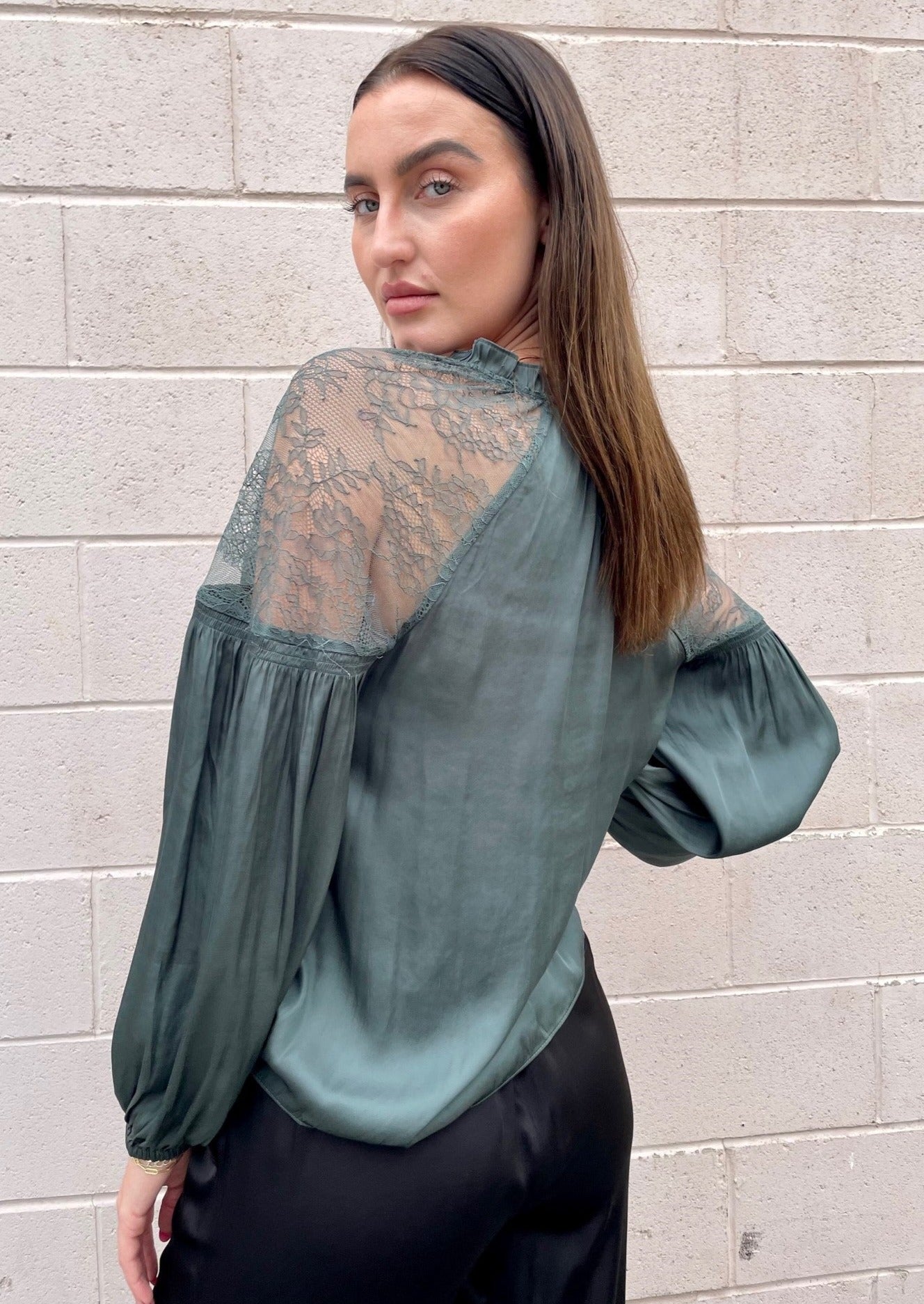 The Pink Door Lace Shoulder Blouse - Green