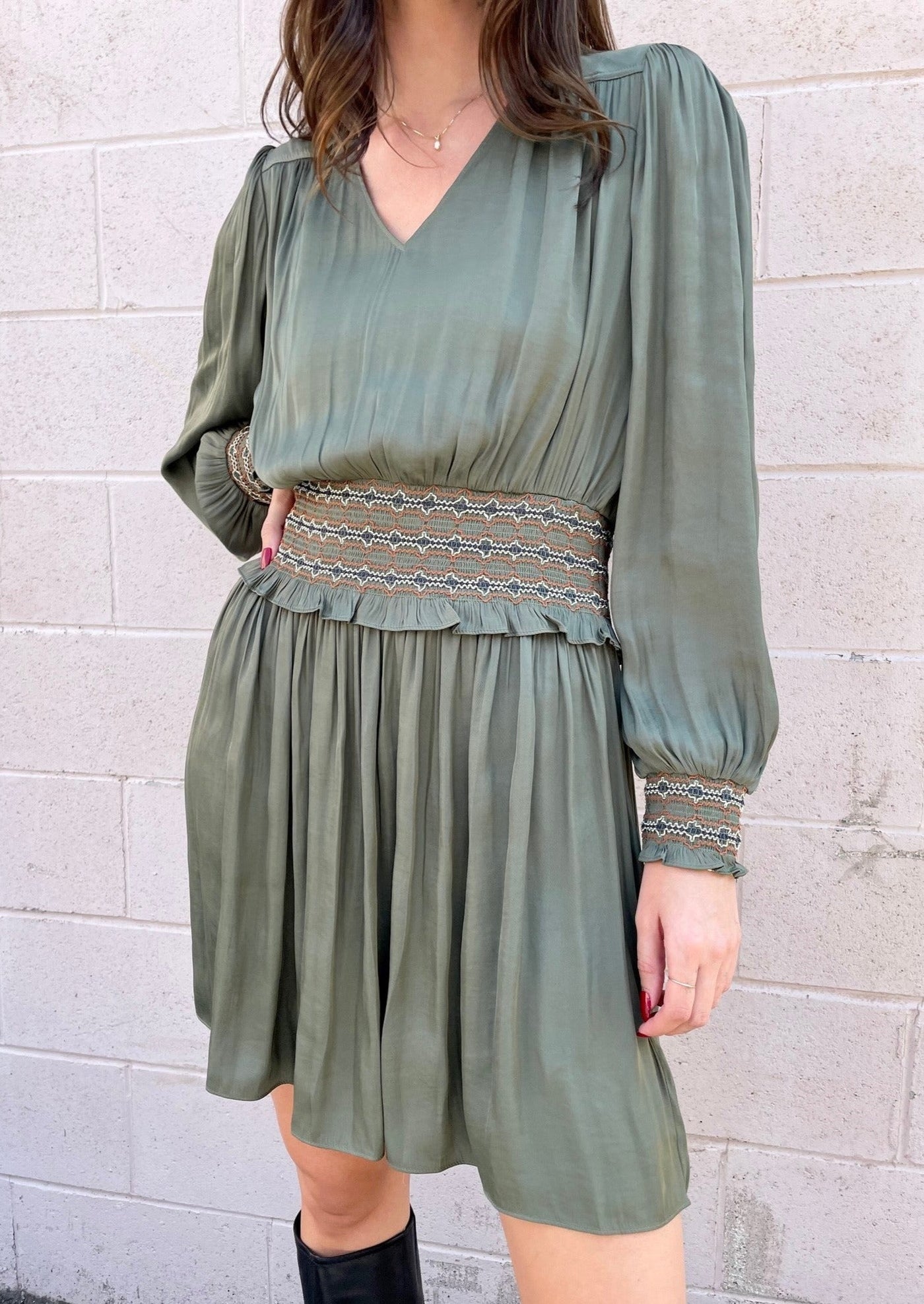 The Pink Door Smock Detail Waist Silky Dress - Khaki