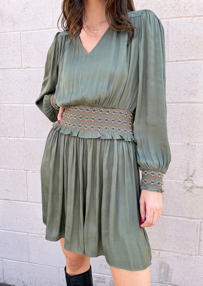 The Pink Door Smock Detail Waist Silky Dress - Khaki