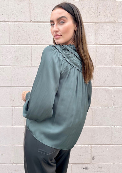 The Pink Door Ruffle Bodice Blouse - Green