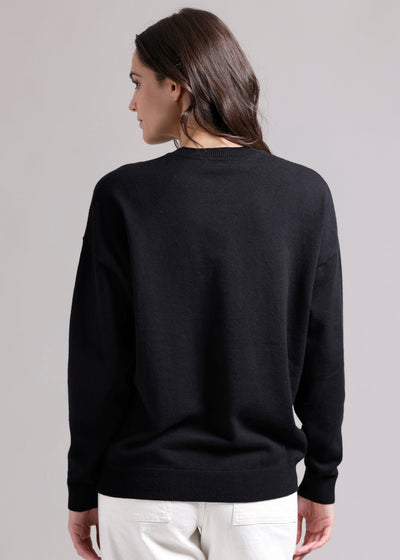 Minnie Rose Cotton Cashmere Single Rose Crew Pullover Black/White