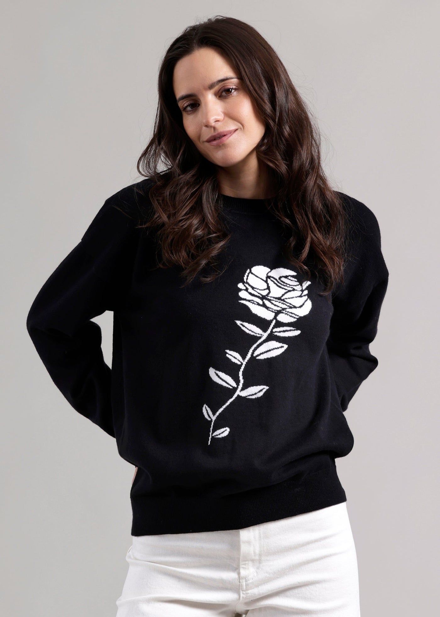 Minnie Rose Cotton Cashmere Single Rose Crew Pullover Black/White