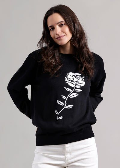 Minnie Rose Cotton Cashmere Single Rose Crew Pullover Black/White