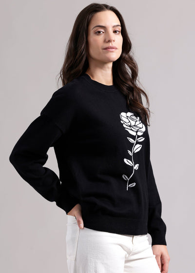 Minnie Rose Cotton Cashmere Single Rose Crew Pullover Black/White