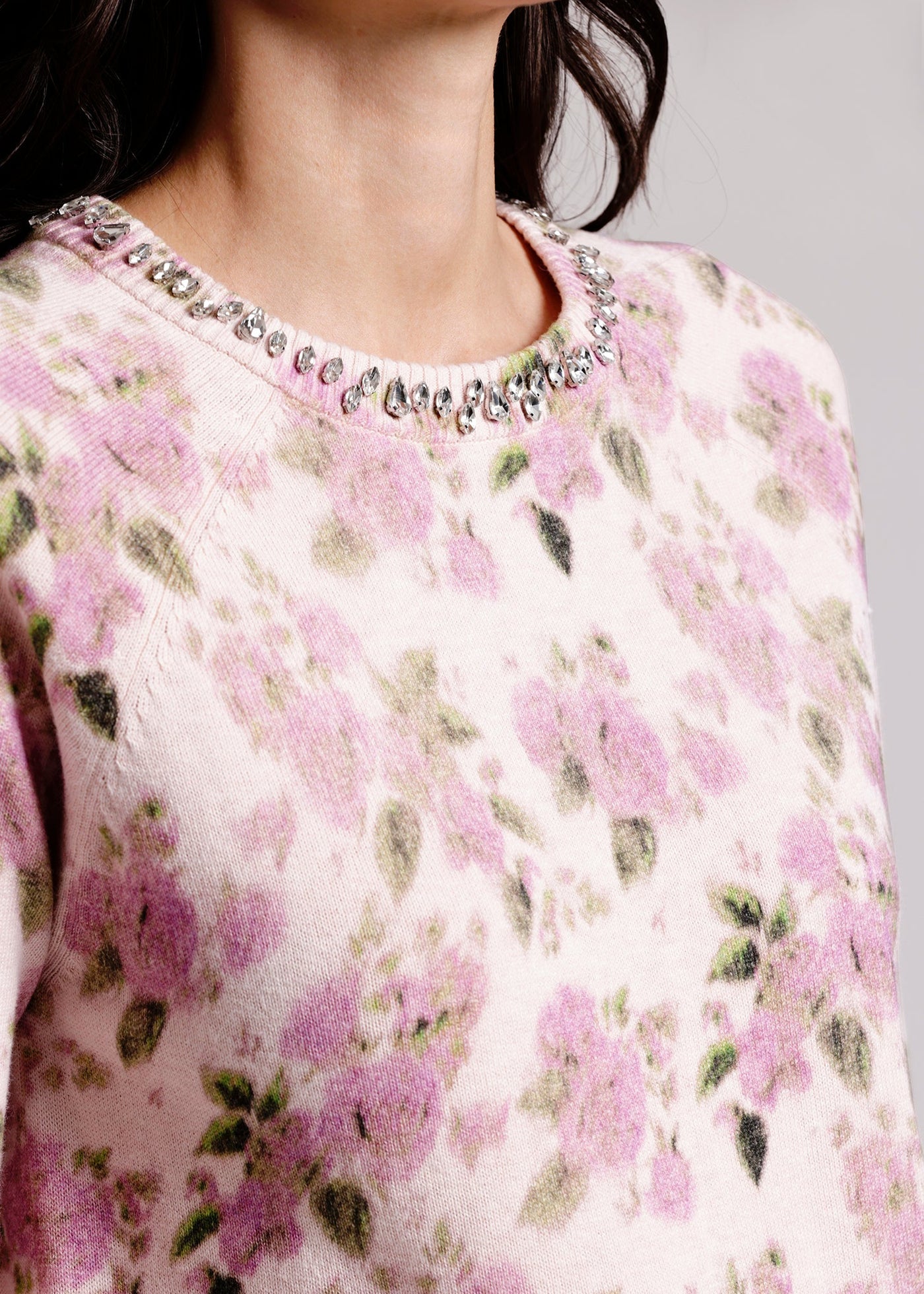 Minnie Rose Cotton Cashmere Printed Crew w/ Jewels