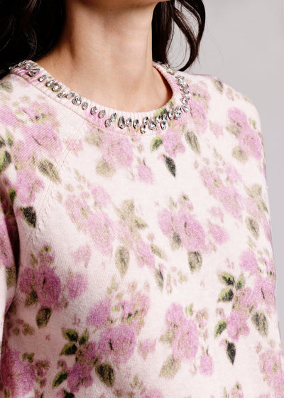 Minnie Rose Cotton Cashmere Printed Crew w/ Jewels