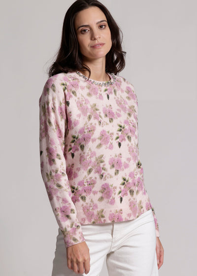 Minnie Rose Cotton Cashmere Printed Crew w/ Jewels