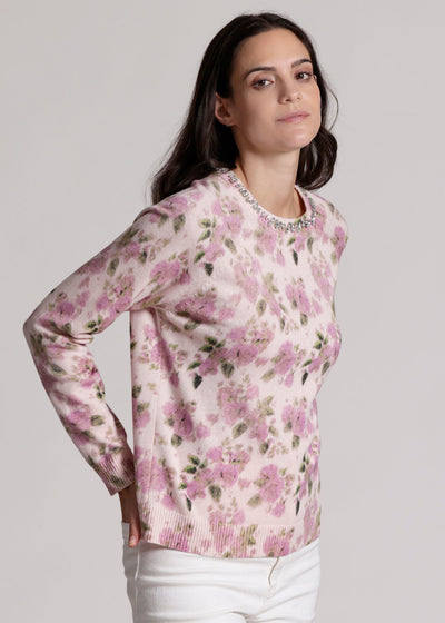 Minnie Rose Cotton Cashmere Printed Crew w/ Jewels
